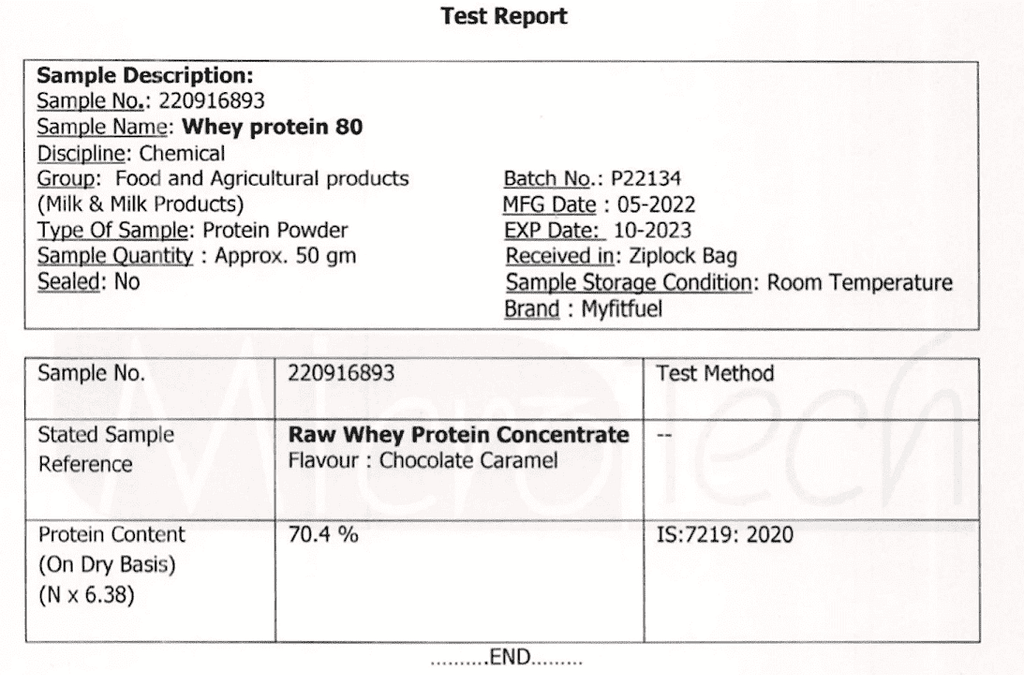 MyFitFuel MFF Whey Protein lab test report