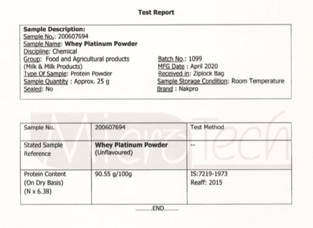 Nakpro Platinum Isolate Lab test report